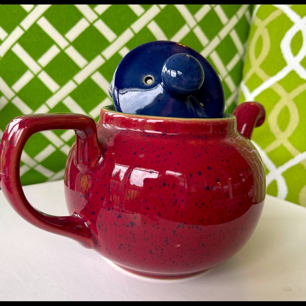 Denby Harlequin small teapot, red exterior body with blue lid. GREAT condition!